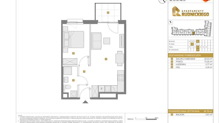 Rzut - Mieszkanie na sprzedaż 2 pokoje o powierzchni 38,76 m² - numer D.79 w Apartamenty Rudnickiego