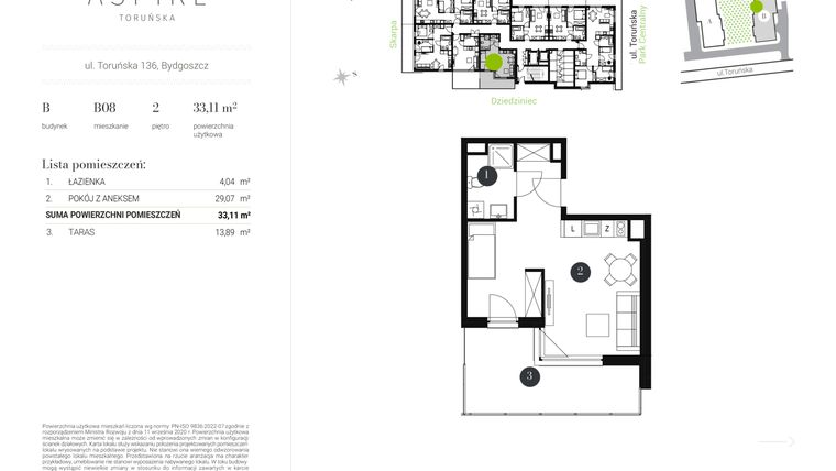 Rzut - Mieszkanie na sprzedaż 1 pokój o powierzchni 33,29 m² - numer B.8 w Aspire