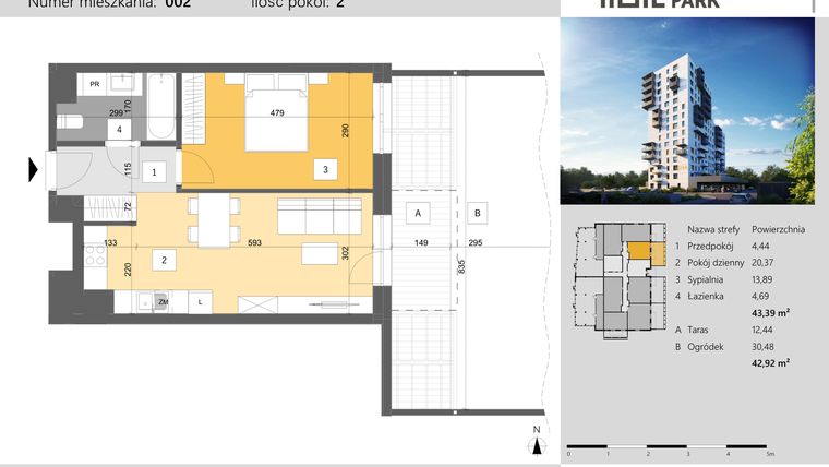 Rzut - Mieszkanie na sprzedaż 2 pokoje o powierzchni 43,39 m² - numer 2 w Dworzysko Park - Etap III