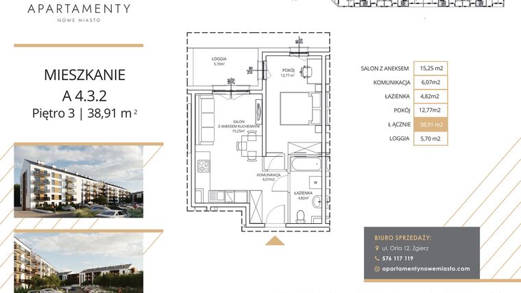 Rzut - Mieszkanie na sprzedaż 2 pokoje o powierzchni 38,91 m² - numer A4.3.2 w Apartamenty Nowe Miasto