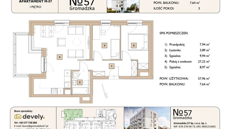 Rzut - Mieszkanie na sprzedaż 3 pokoje o powierzchni 57,96 m² - numer M-07 w Gromadzka 57