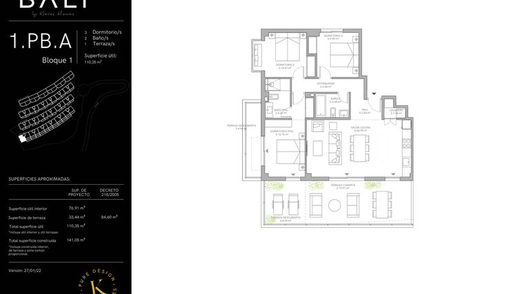 Rzut - Mieszkanie na sprzedaż 3 pokoje o powierzchni 76,91 m² - numer 35.01.BJ.A w Bali