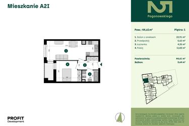 Rzut - Mieszkanie na sprzedaż 2 pokoje o powierzchni 44,61 m² - numer POGO2/A/2I w Pogonowskiego 52