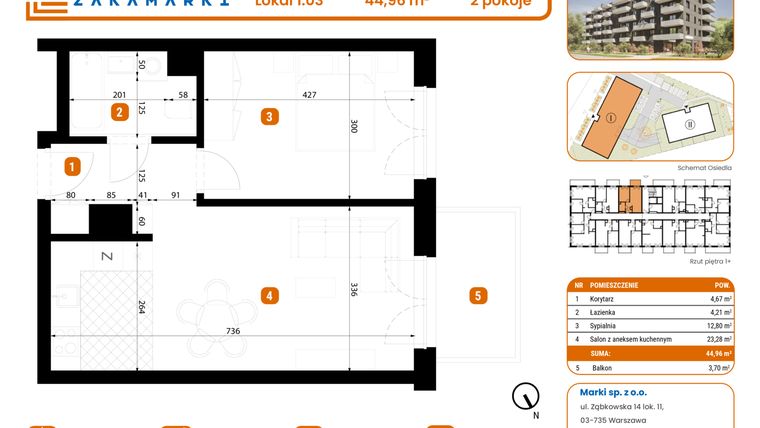 Rzut - Mieszkanie na sprzedaż 2 pokoje o powierzchni 44,96 m² - numer B1/1/03 w Zakamarki