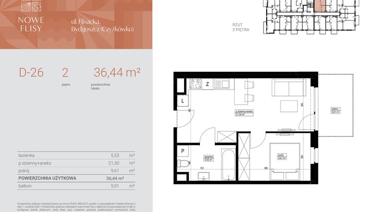 Rzut - Mieszkanie na sprzedaż 2 pokoje o powierzchni 36,44 m² - numer M26_NF.d w Nowe Flisy II