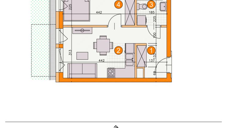 Rzut - Mieszkanie na sprzedaż 2 pokoje o powierzchni 32,3 m² - numer BII/A4 w Osiedle Bocianie Gniazdo 2