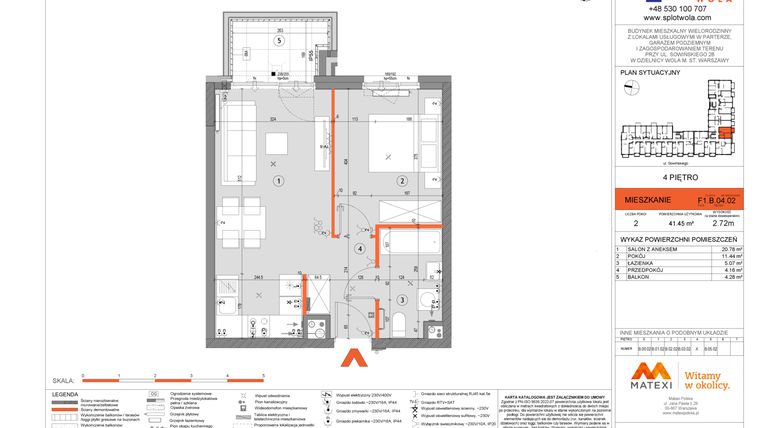 Rzut - Mieszkanie na sprzedaż 2 pokoje o powierzchni 41,45 m² - numer F1.B.04.02 w Splot Wola