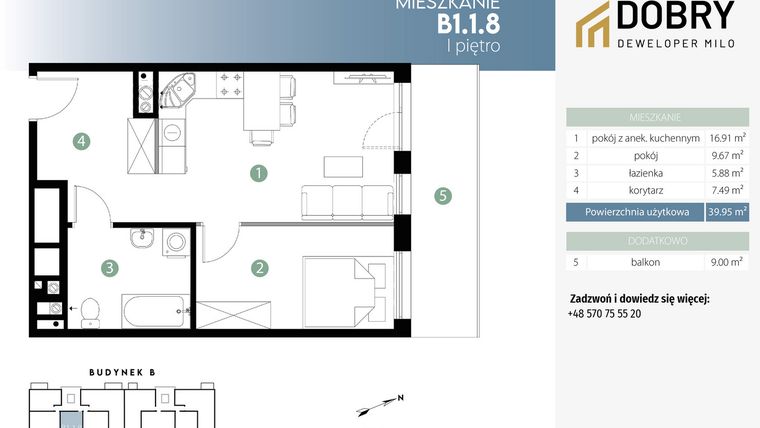 Rzut - Mieszkanie na sprzedaż 2 pokoje o powierzchni 39,95 m² - numer B1.1.8 w Bogatyńska Maślice Milo Dobry Deweloper