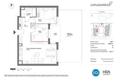 Rzut - Mieszkanie na sprzedaż 3 pokoje o powierzchni 65,79 m² - numer H.0.1 w Łopuszańska 47 - etap 3
