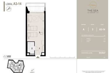 Rzut - Mieszkanie na sprzedaż 1 pokój o powierzchni 29,05 m² - numer A3-14 w The Sea Resort Międzyzdroje
