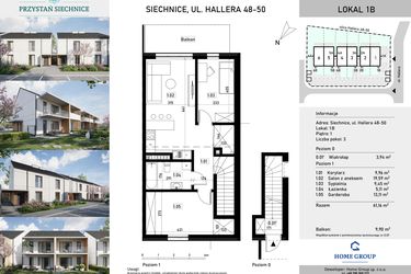 Rzut - Mieszkanie na sprzedaż 3 pokoje o powierzchni 61,16 m² - numer 1b w Przystań Siechnice
