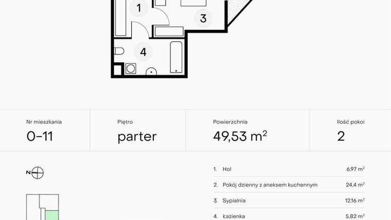 Rzut - Mieszkanie na sprzedaż 2 pokoje o powierzchni 49,35 m² - numer 0-11 w Pączka 1