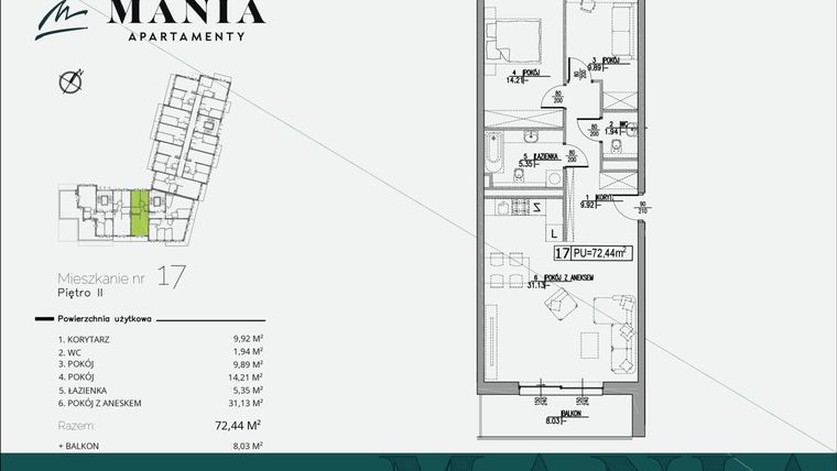 Rzut - Mieszkanie na sprzedaż 3 pokoje o powierzchni 72,44 m² - numer 17 w MANIA Apartamenty