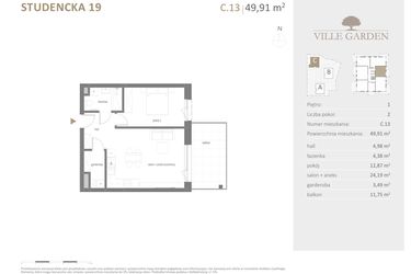 Rzut - Mieszkanie na sprzedaż 2 pokoje o powierzchni 49,91 m² - numer C.13 w Ville Garden