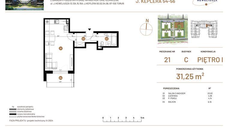 Rzut - Mieszkanie na sprzedaż 1 pokój o powierzchni 31,25 m² - numer JAR-III-C-LM-M21 w Osiedle JAR Heweliusza etap III