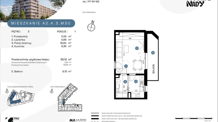 Rzut - Mieszkanie na sprzedaż 1 pokój o powierzchni 32,77 m² - numer A2.4.3.M30 w Nowe Promenady
