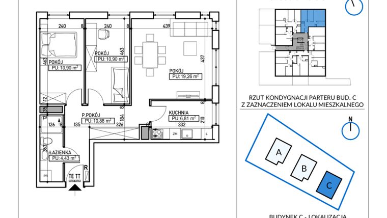 Rzut - Mieszkanie na sprzedaż 3 pokoje o powierzchni 63,18 m² - numer 5-3 w Jodłowicka 5