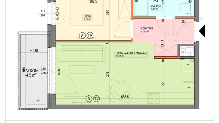 Rzut - Mieszkanie na sprzedaż 2 pokoje o powierzchni 36,79 m² - numer B1.2.14.2a w Junique I.II