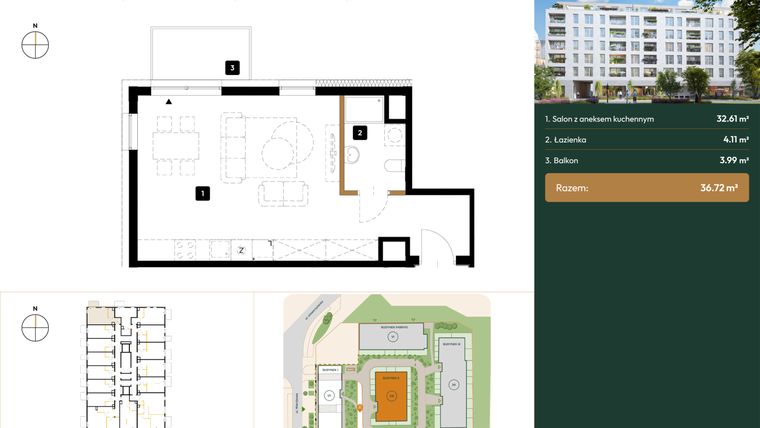 Rzut - Mieszkanie na sprzedaż 1 pokój o powierzchni 36,72 m² - numer 2.M3.09 w Wierzbowa 20