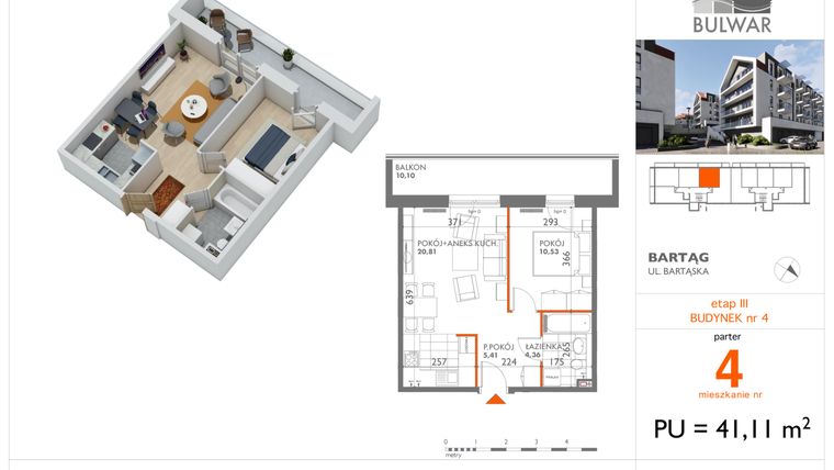 Rzut - Mieszkanie na sprzedaż 2 pokoje o powierzchni 41,11 m² - numer 4 w Osiedle Bulwar bud. 4