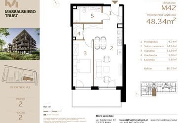 Rzut - Mieszkanie na sprzedaż 2 pokoje o powierzchni 48,34 m² - numer M42 w Massalskiego Trust