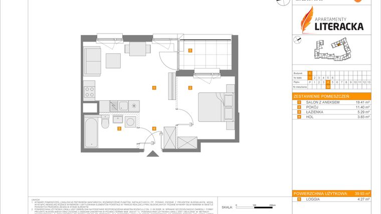 Rzut - Mieszkanie na sprzedaż 2 pokoje o powierzchni 39,93 m² - numer E.32 w Apartamenty Literacka etap 2.2