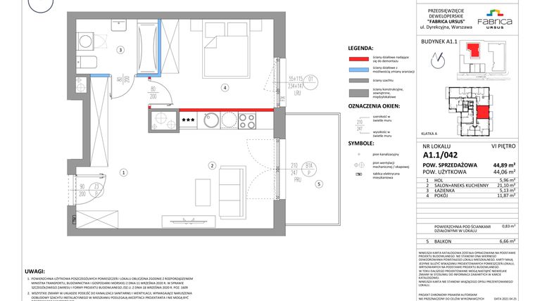 Rzut - Mieszkanie na sprzedaż 2 pokoje o powierzchni 43,97 m² - numer A1.1/042 w Fabrica URSUS