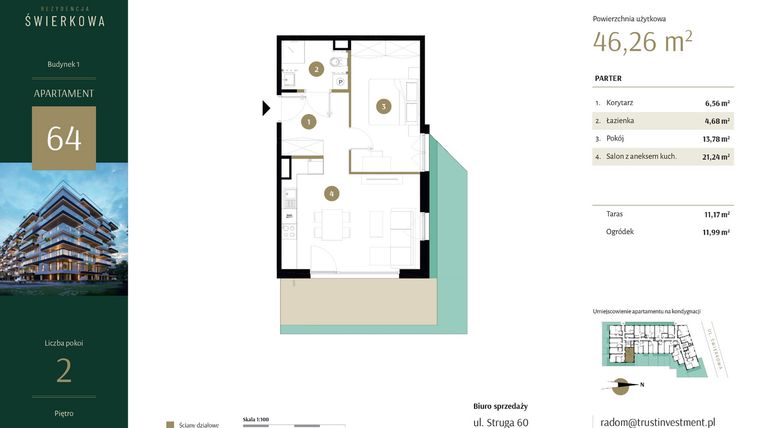 Rzut - Mieszkanie na sprzedaż 2 pokoje o powierzchni 46,26 m² - numer 64 w Rezydencja Świerkowa