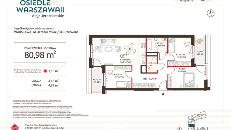 Rzut - Mieszkanie na sprzedaż 4 pokoje o powierzchni 80,98 m² - numer E.2.2.4 w Osiedle Warszawa etap II
