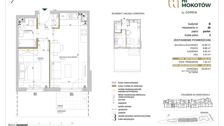 Rzut - Mieszkanie na sprzedaż 2 pokoje o powierzchni 37,02 m² - numer A1.B.98 w Hi Mokotów