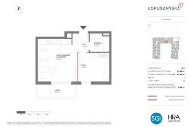 Rzut - Mieszkanie na sprzedaż 2 pokoje o powierzchni 42,97 m² - numer I.1.2 w Łopuszańska 47 - etap 3