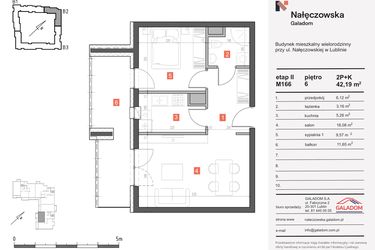 Rzut - Mieszkanie na sprzedaż 2 pokoje o powierzchni 42,19 m² - numer M-166 w Nałęczowska etap II
