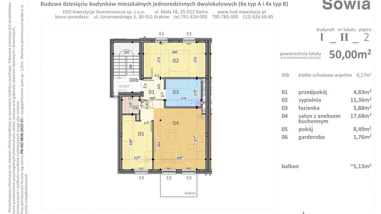 Rzut - Mieszkanie na sprzedaż 3 pokoje o powierzchni 50 m² - numer I2 w Sowia