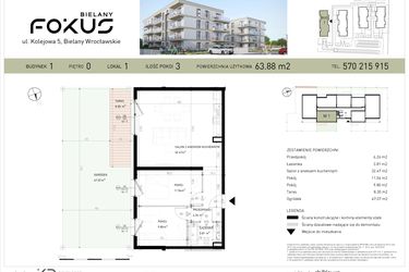 Rzut - Mieszkanie na sprzedaż 3 pokoje o powierzchni 63,88 m² - numer B1-1 w Fokus Bielany