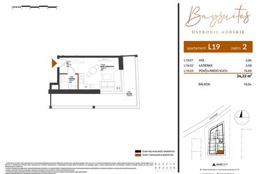 Rzut - Mieszkanie na sprzedaż 1 pokój o powierzchni 24,22 m² - numer AP.2.19 w Baysuites