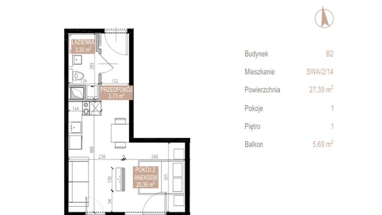 Rzut - Mieszkanie na sprzedaż 1 pokój o powierzchni 27,39 m² - numer SWA/2/14/D w Apartamenty Świeradowska