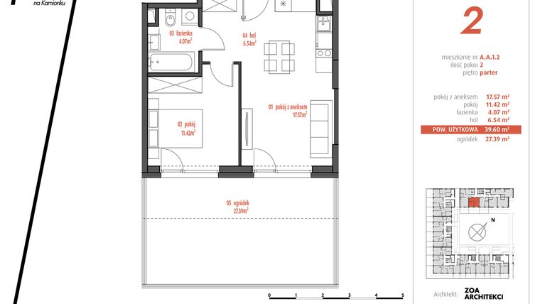Rzut - Mieszkanie na sprzedaż 2 pokoje o powierzchni 39,6 m² - numer AA1.2 w PUR