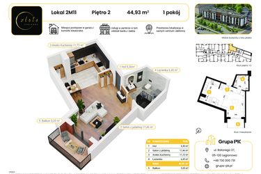 Rzut - Mieszkanie na sprzedaż 1 pokój o powierzchni 44,95 m² - numer 2M11 w Złota Jabłonna