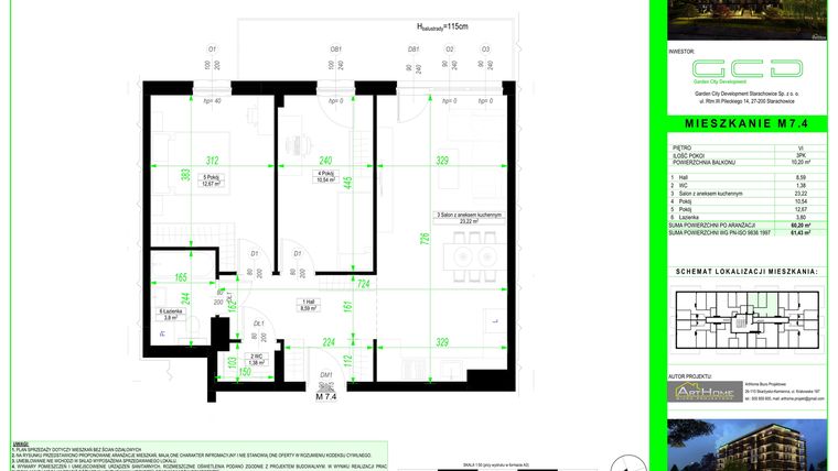 Rzut - Mieszkanie na sprzedaż 3 pokoje o powierzchni 60,2 m² - numer 7.4. w City Park Apartments