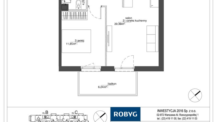 Rzut - Mieszkanie na sprzedaż 2 pokoje o powierzchni 42,25 m² - numer RM/2A/A/4/2 w Rytm Mokotowa - etap 2A