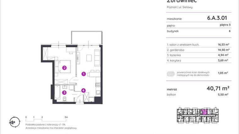 Rzut - Mieszkanie na sprzedaż 1 pokój o powierzchni 40,71 m² - numer 6.A.3.01 w Murapol Zielony Żurawiniec