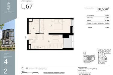 Rzut - Mieszkanie na sprzedaż 2 pokoje o powierzchni 36,56 m² - numer L67 w Sky Trust etap II - apartamenty inwestycyjne 23% VAT PRS