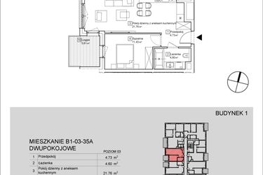 Rzut - Mieszkanie na sprzedaż 2 pokoje o powierzchni 42,7 m² - numer B1-03-35A w Nowa Francuska