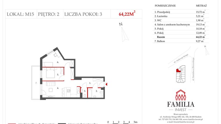 Rzut - Mieszkanie na sprzedaż 3 pokoje o powierzchni 64,22 m² - numer M15 w Struga 60