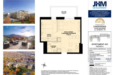 Rzut - Mieszkanie na sprzedaż 2 pokoje o powierzchni 37,56 m² - numer 423 w Apartamenty Zakopiańskie