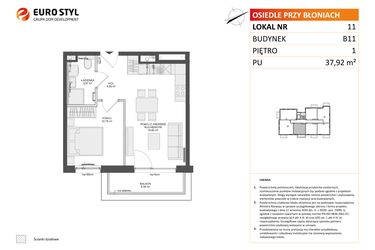 Rzut - Mieszkanie na sprzedaż 2 pokoje o powierzchni 37,92 m² - numer B11.11 w Osiedle Przy Błoniach 3 etap IV