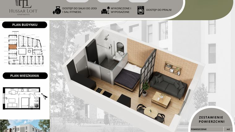 Rzut - Mieszkanie na sprzedaż 1 pokój o powierzchni 23,6 m² - numer 49 w Hussar Loft - Apartamenty inwestycyjne