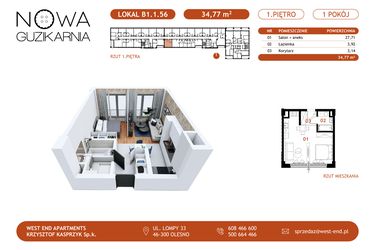 Rzut - Mieszkanie na sprzedaż 1 pokój o powierzchni 34,77 m² - numer B1.1.56 w Nowa Guzikarnia