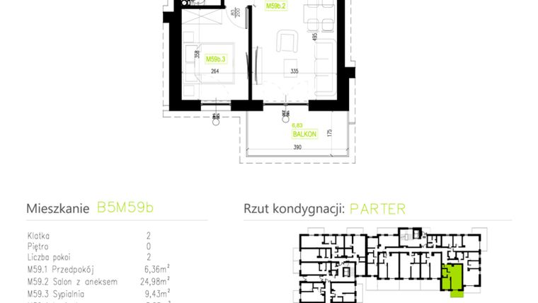 Rzut - Mieszkanie na sprzedaż 2 pokoje o powierzchni 44,62 m² - numer B5M59b w Osiedle Natura Park etap II