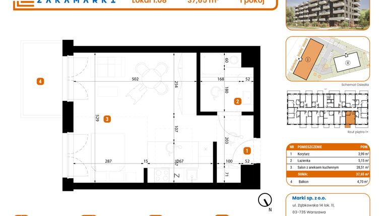 Rzut - Mieszkanie na sprzedaż 1 pokój o powierzchni 37,65 m² - numer B1/1/08 w Zakamarki